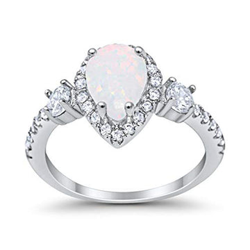 3-Stone Teardrop Lab Created White Opal  925 Sterling Silver